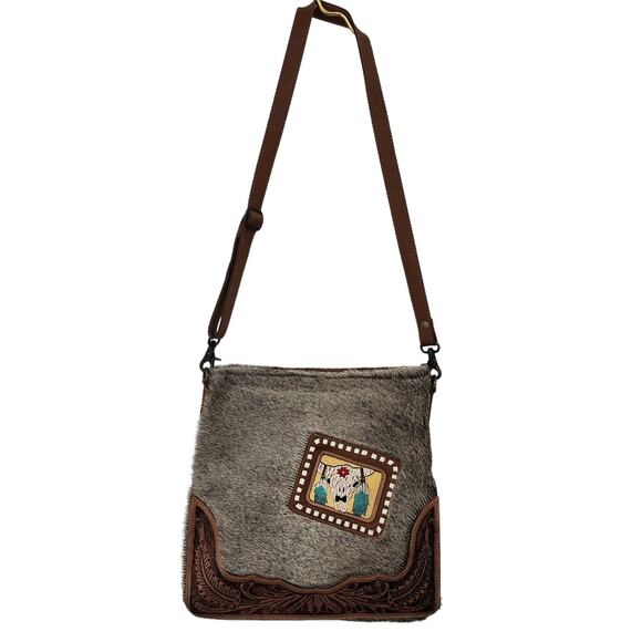 Myra Bags Khadi Hand-Tooled Bag Embroidered Leather Calf Hair - Picture 3 of 13